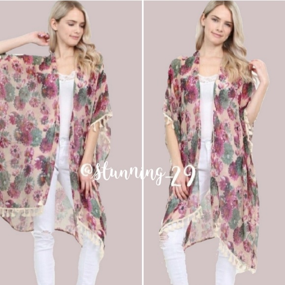 Stunning_29 Tops - 🆕 BEIGE PINK FLORAL OPEN LONG KIMOMO DUSTER